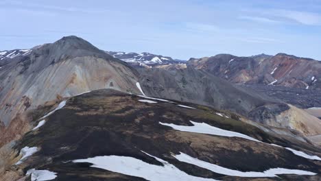 Forward-drone-view-over-Landmannalaugar's-rhyolite-mountains,-facing-Bláhnúkur's-blue-mountains,-showcasing-summer-landscapes-with-snow-remnants