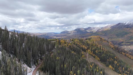 Scenic-road-in-coniferous-forest-and-natural-landscape-of-Rocky-Mountains-during-Fall