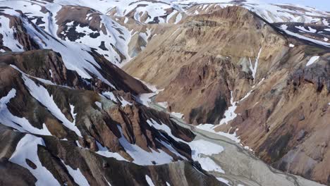 Drone-view-from-top-to-bottom-over-Landmannalaugar's-rhyolite-mountains-in-Brandsgil-valley,-capturing-summer-landscapes-with-remnants-of-snow