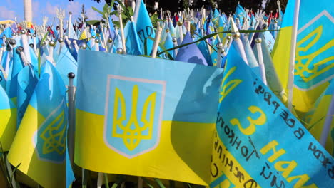Calle-Khreshchatyk-Con-Pequeñas-Banderas-Conmemorativas-Ucranianas-Con-Nombres-De-Soldados-Caídos-En-Kyiv-Ucrania,-Honor-A-Los-Soldados-Que-Murieron-Durante-La-Batalla-De-Guerra-Entre-Rusia-Y-Ucrania,-Recordando-Honrar,-4k