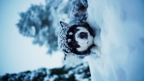 An-Alaskan-Malamute-Outside,-with-Snowfall-Enveloping-it-in-Indre-Fosen,-Trondelag-County,-Norway---Vertical-Shot