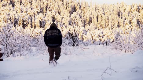 Ein-Mann-Spaziert-über-Ein-Schneebedecktes-Ackerland-In-Indre-Fosen,-Kreis-Tröndelag,-Norwegen-–-Statische-Aufnahme