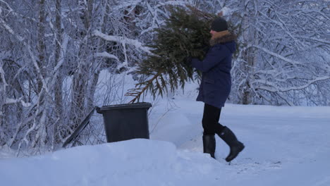 Man-in-a-snowy-environment-throws-the-Christmas-tree-into-the-rubbish