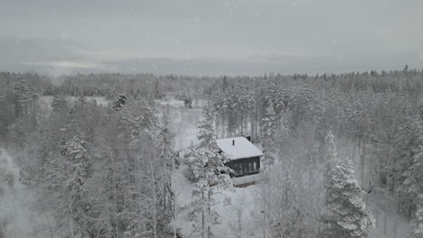 Aerial-view-of-solitary-cabin-in-snowy-forest