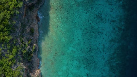 Drone-top-down-pan-across-tall-Caribbean-tropical-cliff-as-cloud-moves-out-and-sunlight-spreads-on-coral-reef