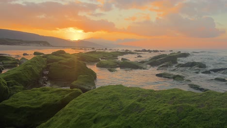 Algenbedeckte-Felsen-An-Einem-Ruhigen-Strand-Bei-Einem-Herrlichen-Sonnenuntergang