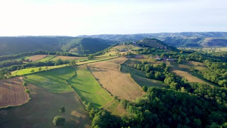 French-rural-landscape-and-cultivated-fields,-Aveyron,-Occitania-in-France