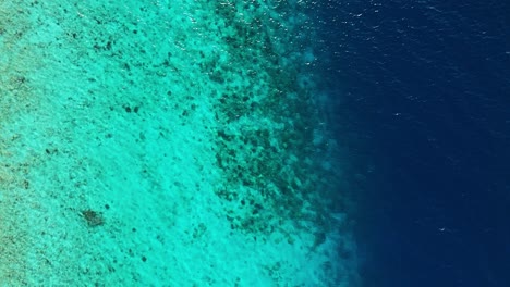 Sandy-coral-reef-drops-off-to-deep-open-ocean-sea,-drone-descends-above-water