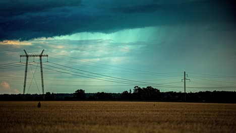 Sturmwolken-Regnen-Bei-Sonnenuntergang-über-Weizenfeldebenen,-Licht-Glitzert-Auf-Dem-Wald