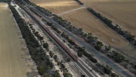 Aerial-birds-eye-shot-of-long-industrial-cargo-train-riding-on-track-in-rural-countryside-area-of-Western-Australia