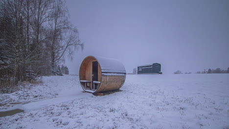 Multi-season-timelapse-showcasing-spring-summer-fall-and-winter-and-building-of-walkway-path-to-luxury-sauna-hut-in-forest