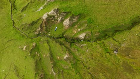 Wide-static-aerial-birdseye-shot-of-a-paraglider-launch-off-a-cliff-and-sail-over-bright-green-grass-and-rocky-ravines