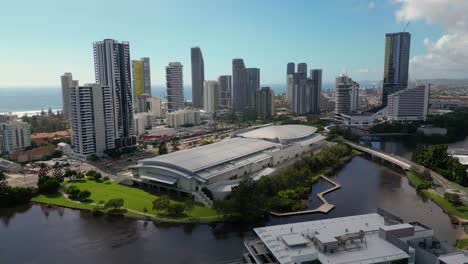 Reversing-aerial-view-looking-South-over-the-Gold-Coast-Convention-Centre-in-Broadbeach