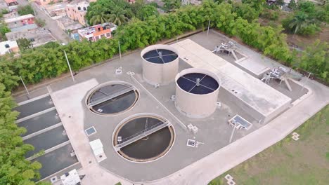 Aerial-top-down-shot-of-Wastewater-treatment-plant-in-Prados-de-San-Luis-in-suburb-neighborhood