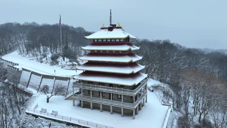 Aerial-shot-of-pagoda-in-winter