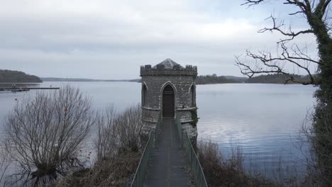 Fishing-Temple-At-Lough-Key-Lake-In-County-Roscommon,-Ireland---Drone-Shot