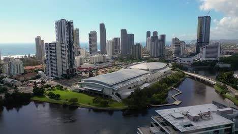 Forward-moving-aerial-view-looking-South-over-the-Gold-Coast-Convention-Centre-and-casino-in-Broadbeach