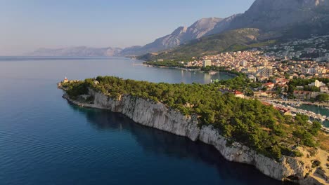 Aerial-Panoramic-Drone-View-Of-Impressive-Makarska-Town,-Adriatic-Sea,-Dalmatia-Coast,-Croatia,-Europe