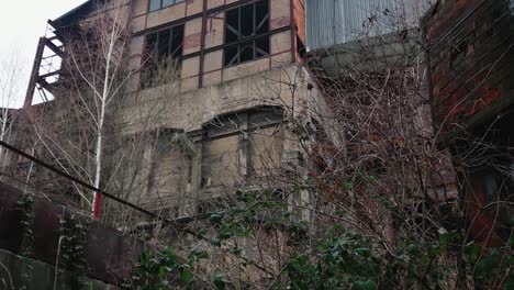 Ein-Verlassenes,-Heruntergekommenes-Mehrstöckiges-Gebäude-Mit-Zerbrochenen-Fenstern-Und-Bröckelnden-Wänden,-überwuchert-Von-Vegetation