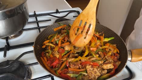 Delicious-chicken-stew-with-various-julienned-vegetables,-cooked-over-low-heat-in-a-pan
