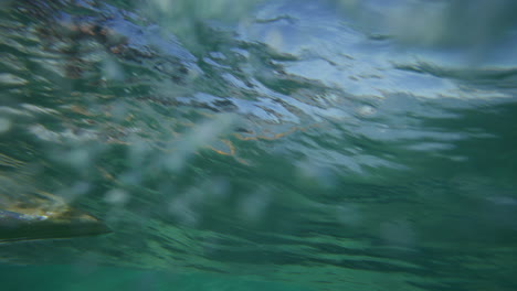 Surfer-riding-on-a-wave-in-crystal-clear-water-in-Byron-Bay-Australia-shot-from-underwater-in-slow-motion