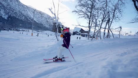 7-year-old-girl-practice-skiing-in-Myrkdalen-Norway,-Slow-Motion