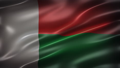 Die-Nationalflagge-Der-Republik-Madagaskar,-4K-Vollformat-Vorderansicht,-Weht-Im-Wind,-Filmischer-Look-Und-Feeling,-Mit-Eleganter,-Seidiger-Textur