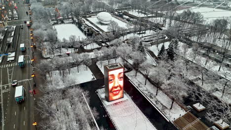 Aerial-view-over-the-snowy-Crown-Fountain-in-Millennium-park