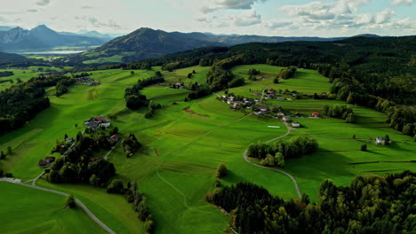 Wunderschöne-Luftaufnahme-Der-Grünen-Hügellandschaft-Mit-Bäumen-Und-Bewölktem-Himmel