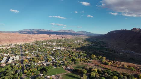 Drone-shot-panning-to-the-right-of-moab,-utah-with-a-mountain-shadow