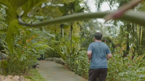 A-fat-Asian-Malay-man-jogging-for-his-health-at-the-lake-garden,-wide-shot-back