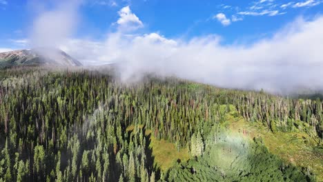 flying-through-low-sitting-clouds-over-a-lush-green-pine-forest-in-silverthorne-colorado-revealing-buffalo-mountain-and-red-peak-on-a-bright-sunny-blue-sky-day-AERIAL-DOLLY-RAISE