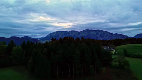 Drohne-Schoss-An-Einem-Bewölkten-Tag-über-Einen-Wald-Mit-Einem-Großen-See-Im-Hintergrund-In-Österreich