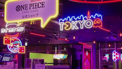 Pan-across-neon-electric-bright-advertisements-in-newly-constructed-Kabukicho-tower