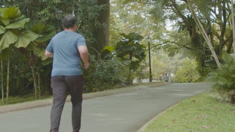 A-fat-Asian-Malay-man-jogging-for-his-health-at-the-lake-garden,-wide-shot
