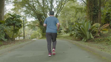 A-fat-Asian-Malay-man-jogging-for-his-health-at-the-lake-garden,-mid-shot-track