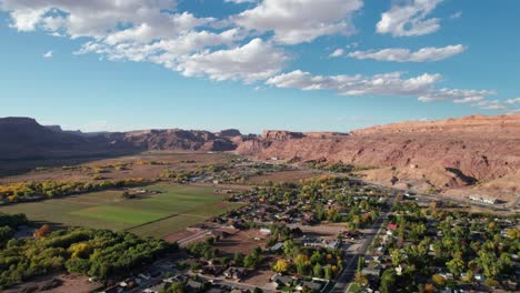 Panning-to-the-left-drone-shot-of-the-north-end-of-moab-city,-utah-on-a-nice-day
