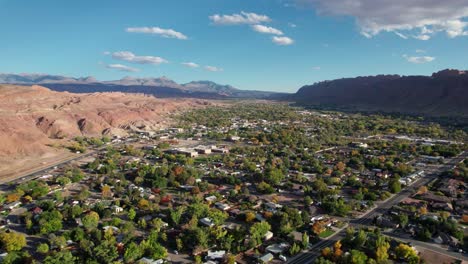 Panning-to-the-right-drone-shot-of-moab,-utah-on-a-sunny-day