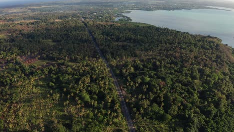 Aerial-View-of-Tonga,-Polynesia,-Road-in-Green-Landscape-With-Town-and-Coastine-in-Background