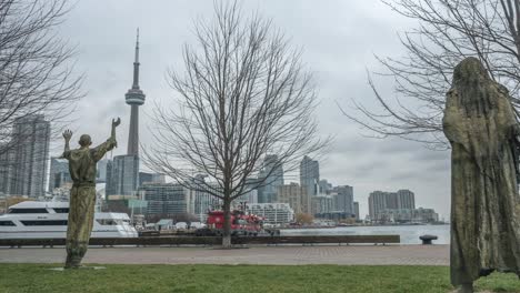 View-Of-Toronto-Skyline-From-Statues-At-Ireland-Park,-Time-Lapse