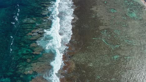 Coral-Reefs-and-Ocean-Waves,-Birdseye-Aerial-View-of-Tonga-Island-Coastline,-Polynesia