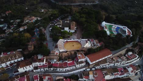 Cityscape-of-Mijas-in-mountains-of-Andalusia,-Spain,-aerial-drone-view