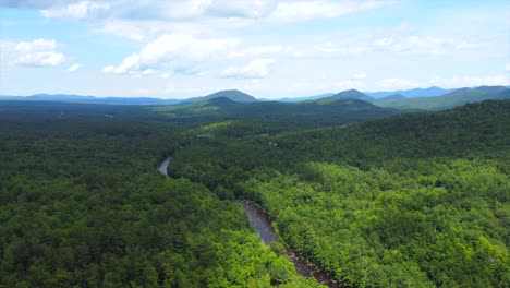 Aerial-Footage-over-Forest-with-River-Flowing-in-Upstate-New-York-on-a-Nice-Summer-Day