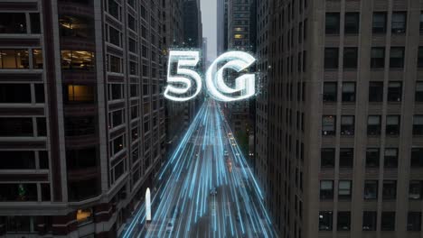 5G-digital-sign-above-a-city-street-with-light-trails-between-high-rise-buildings