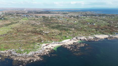 Coral-Beach-and-surrounding-landscape-on-sunny-day,-Connemara,-Galway-in-Ireland