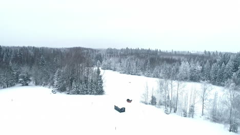 Das-Bild-Einer-Bescheidenen-Hütte-In-Einem-Winterlichen-Dorf-Mit-Sanft-Wiegenden-Bäumen-Inmitten-Einer-Ruhigen-Schneedecke-Hat-Eine-Bezaubernde-Anziehungskraft