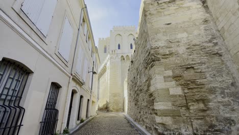 Small-beautiful-alley-in-France-made-of-old-houses-with-light-stone-and-fortress-in-the-background-made-of-historical-stones