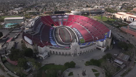 Los-Angeles-Memorial-Coliseum-NASCAR-Busch-Light-Clash-race,-aerial-obit-view-of-the-stadium