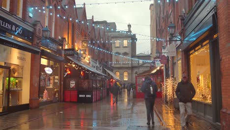 Profile-view-of-a-street-of-Dublin-with-shops-and-stalls-on-either-side-and-decorated-with-lights-during-a-wet-evening-in-Ireland