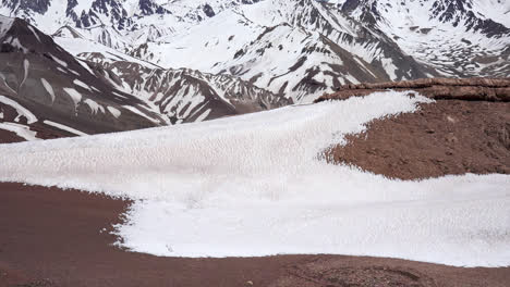Campo-De-Nieve-Por-Encima-De-Cinco-Mil-Metros-En-La-Cordillera-De-Los-Andes-De-Mendoza,-Argentina,-Que-Muestra-Condiciones-Climáticas-Extremas-Y-Su-Geología.